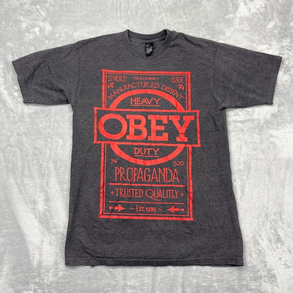 Obey Propaganda Heavy Duty World Champions T-Shirt‎ Mens M Gray Graphic Pullover